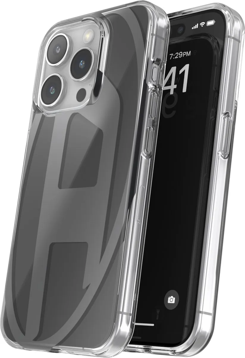 Diesel Spiegelend Telefoonhoesje iPhone 15 Pro – Zwart – Spiegel – Valbescherming tot 2 Meter – Draadloos Opladen – Shockproof – Backcover – Origineel Diesel Accessoire met D-Logo