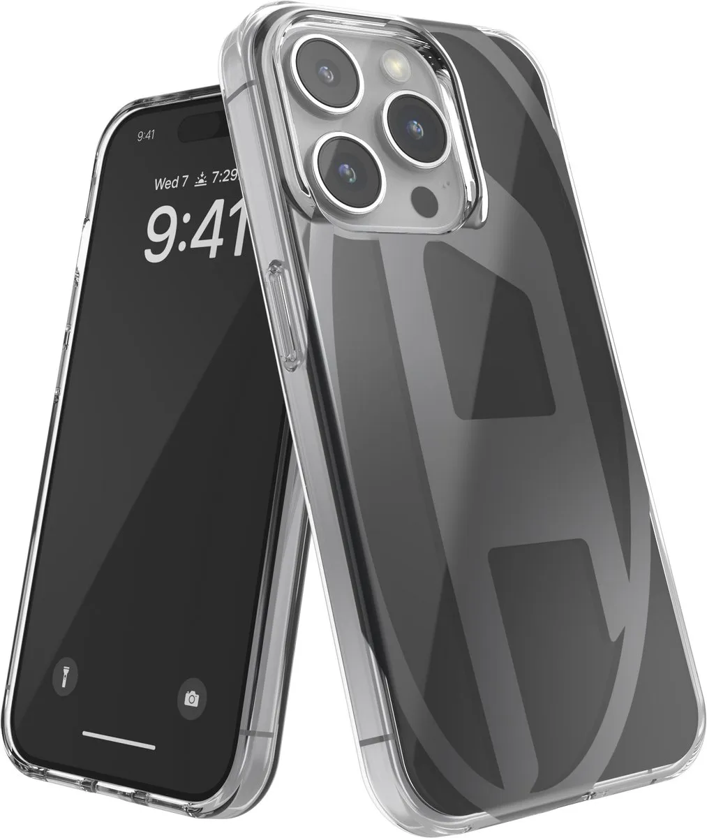 Diesel Spiegelend Telefoonhoesje iPhone 15 Pro – Zwart – Spiegel – Valbescherming tot 2 Meter – Draadloos Opladen – Shockproof – Backcover – Origineel Diesel Accessoire met D-Logo