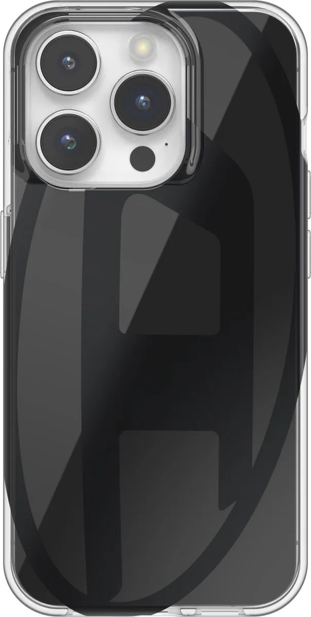 Diesel Spiegelend Telefoonhoesje iPhone 15 Pro – Zwart – Spiegel – Valbescherming tot 2 Meter – Draadloos Opladen – Shockproof – Backcover – Origineel Diesel Accessoire met D-Logo