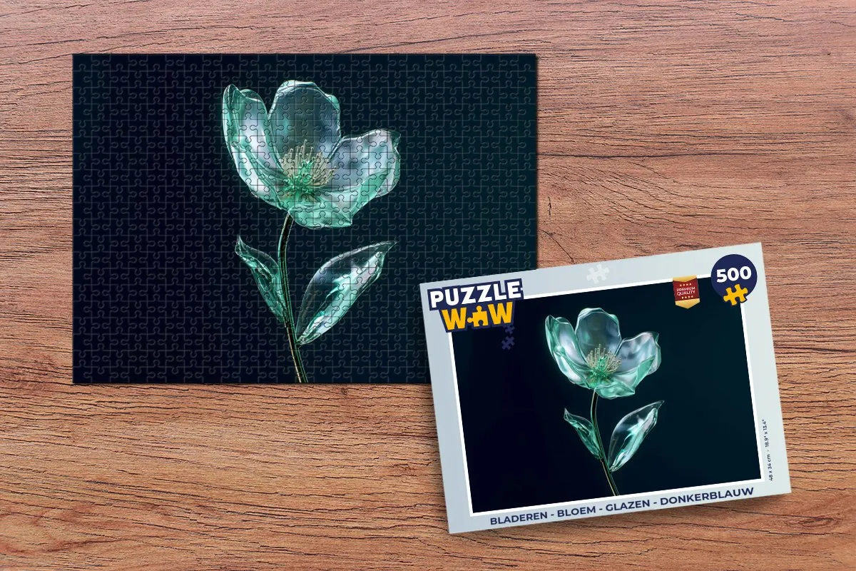 PuzzleWow Legpuzzel 500 Stuks - Donkerblauw - Bladeren/Bloem/Glazen