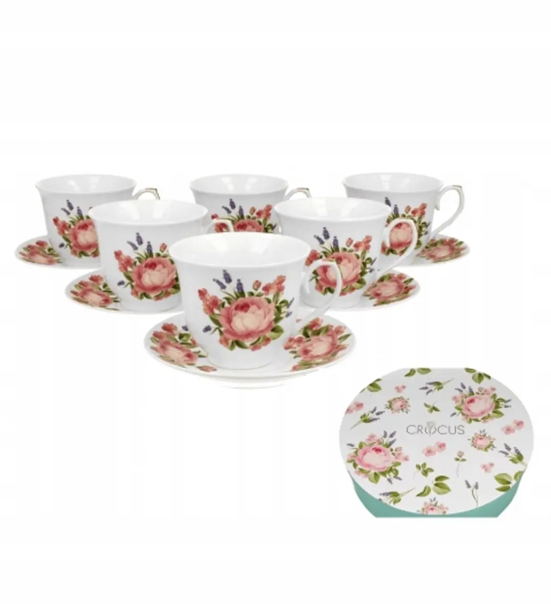 Set van 6 Porseleinen Kopjes met Schotels, 250ml, Bloemendecor