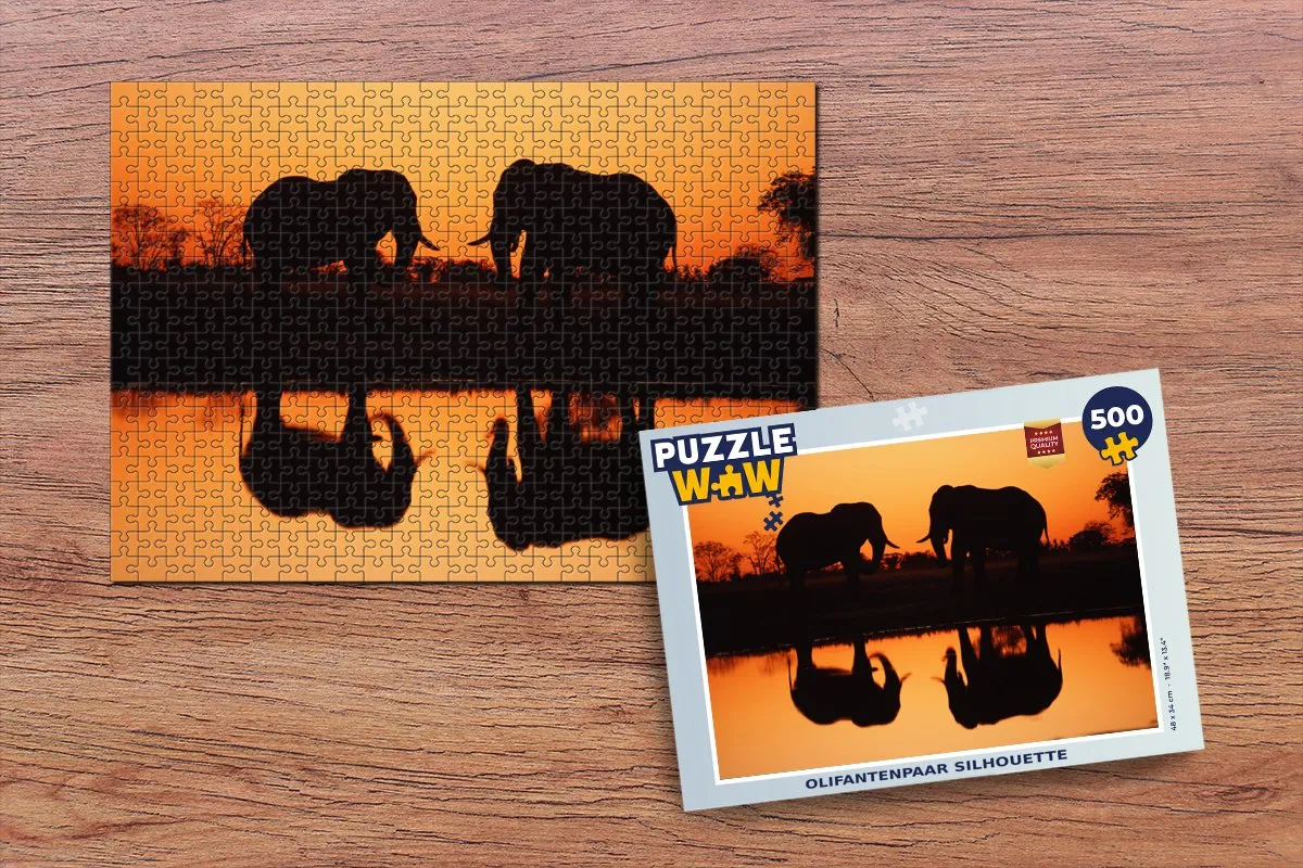 PuzzleWow Legpuzzel Olifantenpaar Silhouette 500 Stuks - Multicolor