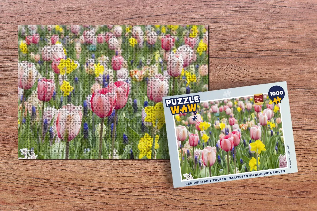 PuzzleWow Legpuzzel Een veld met tulpen - 1000 Stuks - Multicolor