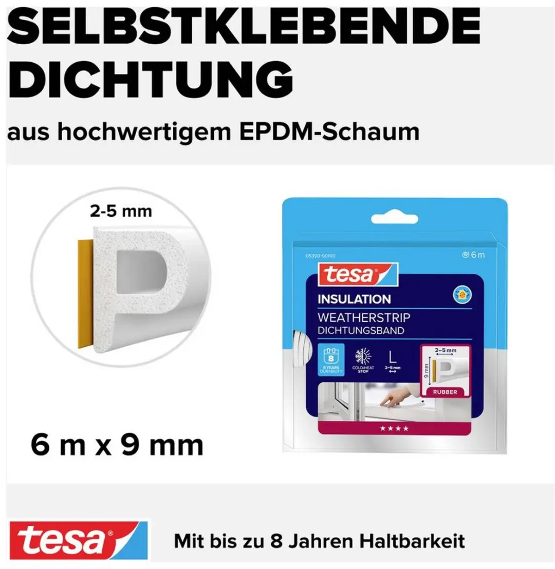 Tesa Tochtstrip P Rubber 6m 0,9cm Wit - afbeelding 2 van 6