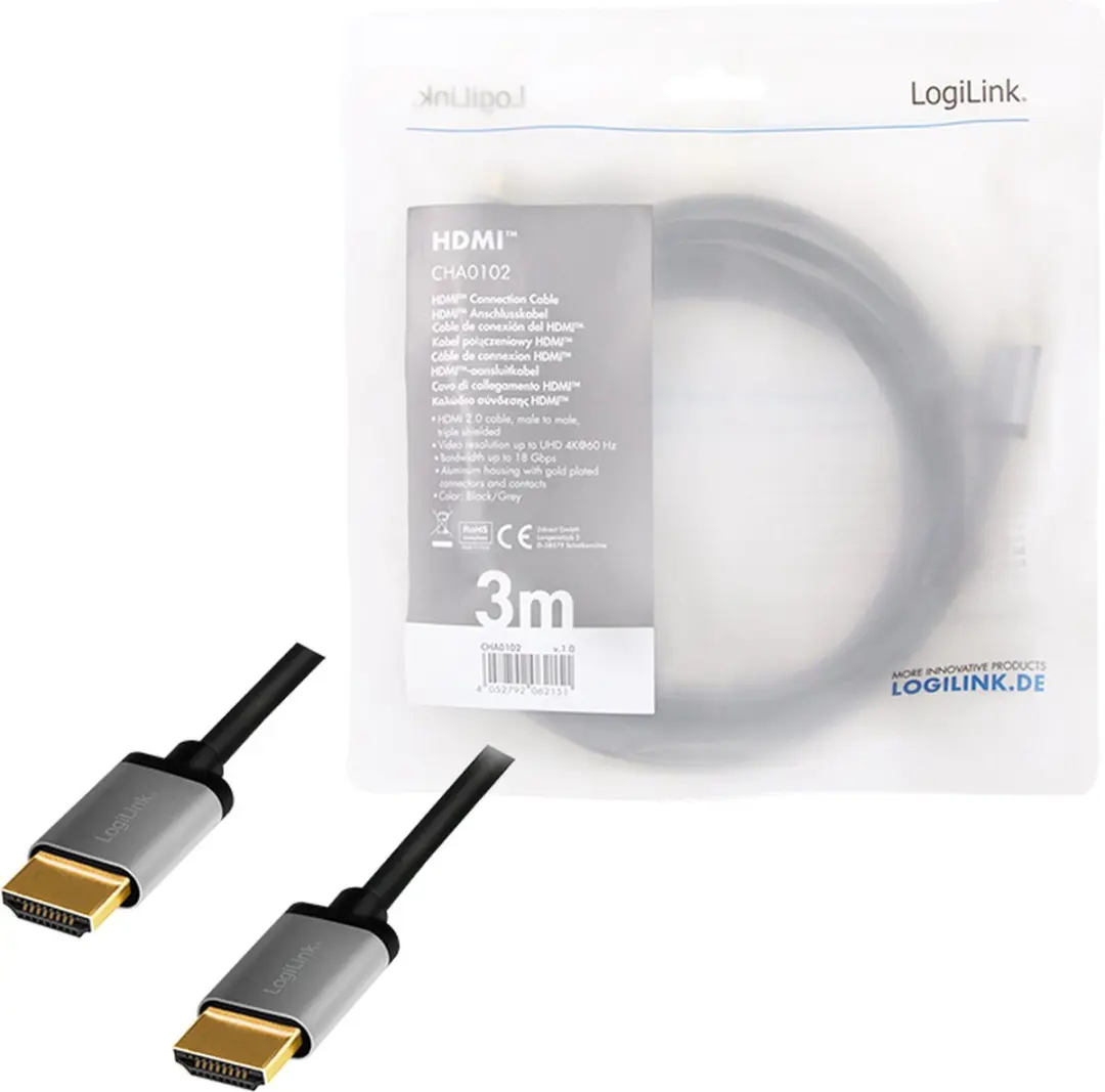 Logilink HDMI Aansluitkabel 3m - Zwart/grijs - afbeelding 3 van 4
