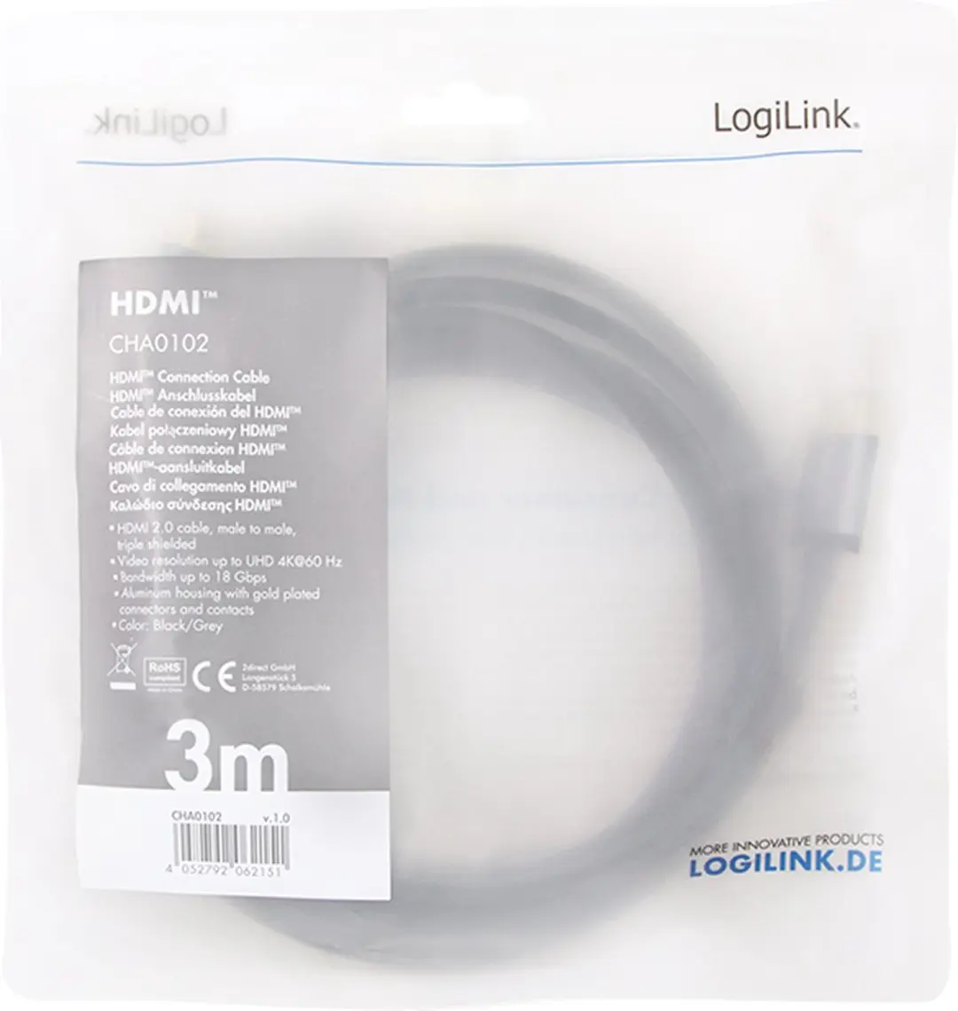 Logilink HDMI Aansluitkabel 3m - Zwart/grijs - afbeelding 2 van 4