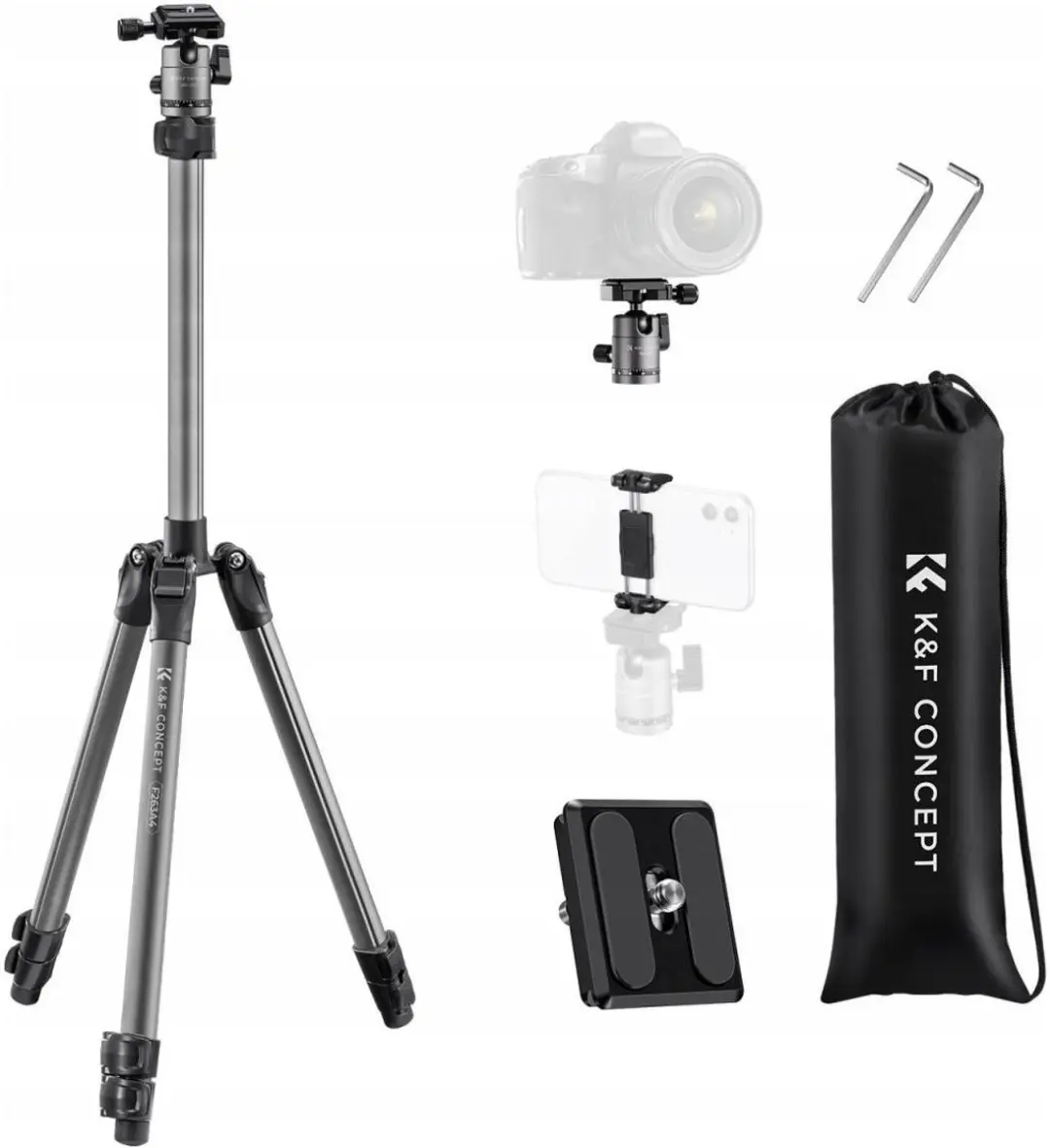 K&F Concept Lichtgewicht Aluminium Statief 168cm met Telefoonhouder