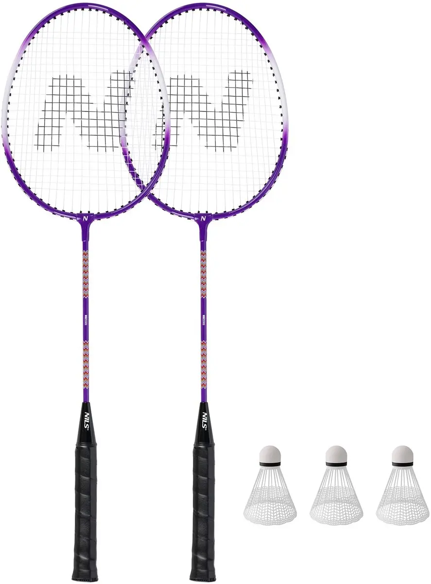 Nils Badmintonset: 2 aluminium rackets, 3 shuttles, hoes