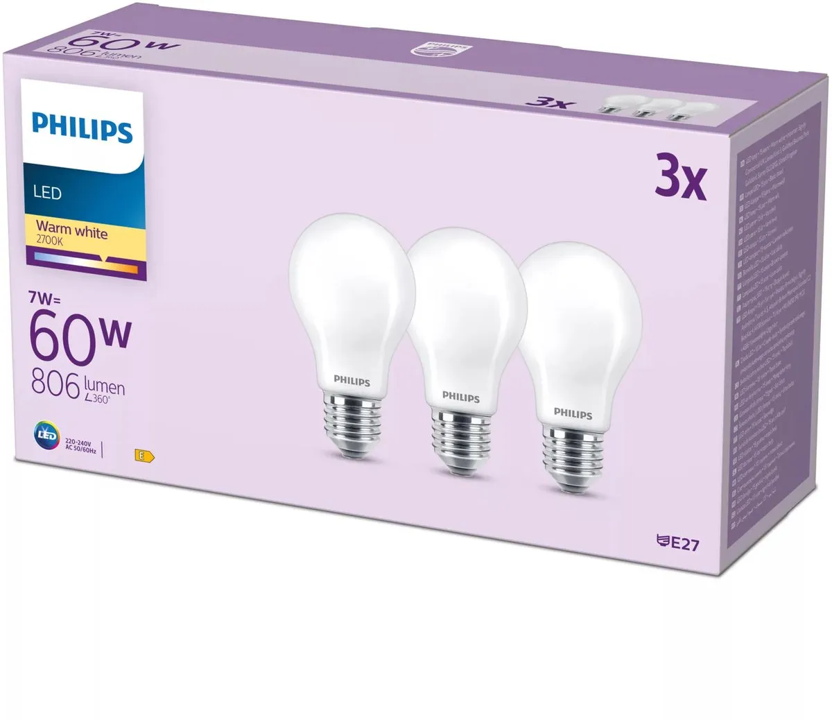 Philips LED Lamp Mat 7W E27 Warmwit - 3 Stuks