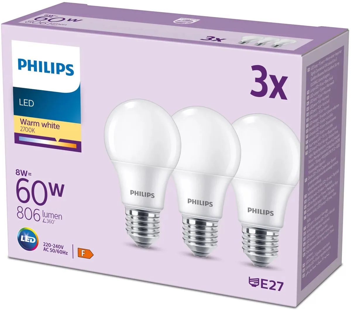 Philips LED Lamp Mat 7W E27 Warmwit - 3 Stuks