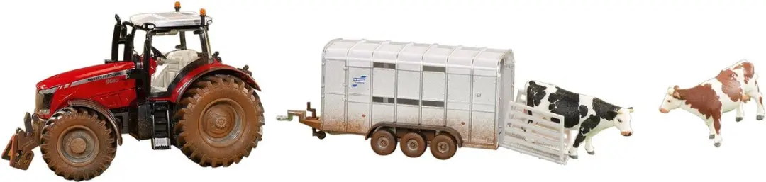 Massey Ferguson 8680 trekker met veetrailer en 2 koeien 1:32