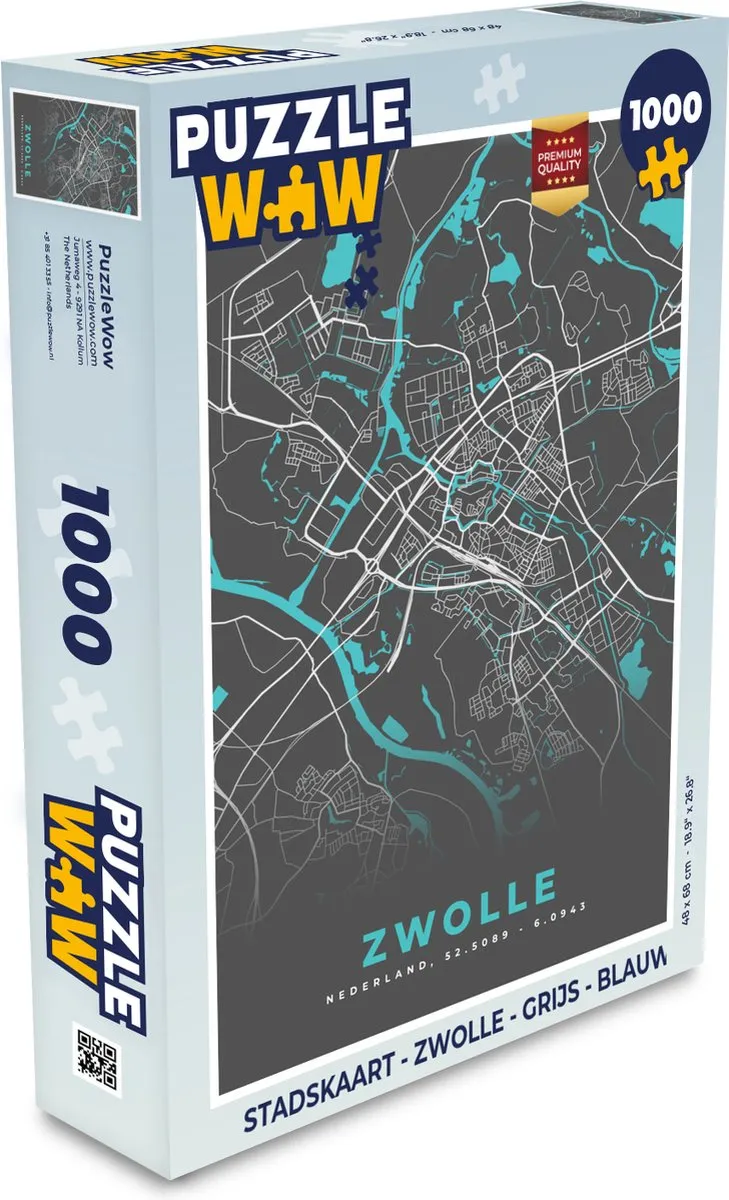 PuzzleWow Stadskaart Zwolle Legpuzzel 1000 Stuks - Multicolor