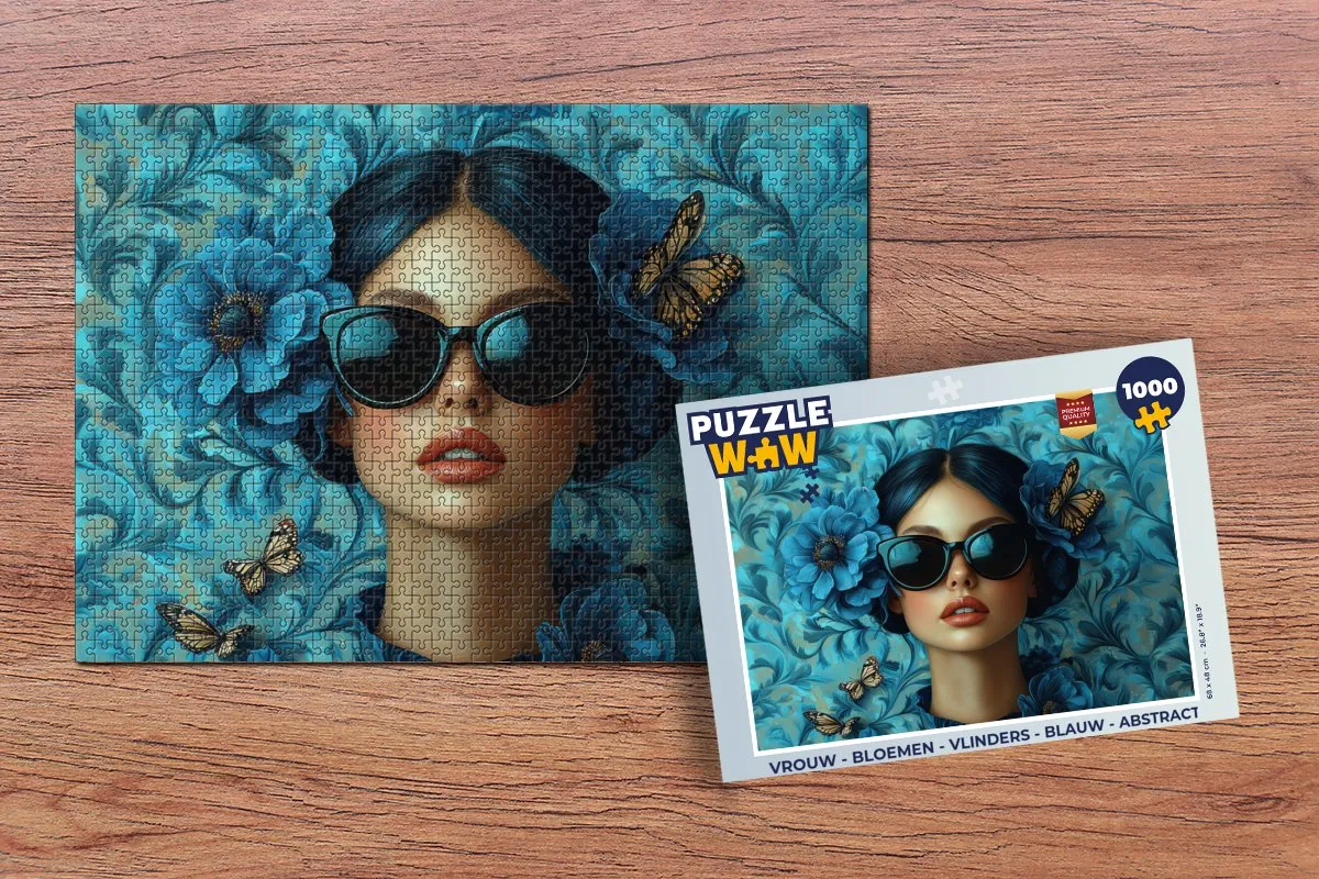 PuzzleWow Legpuzzel 1000 Stuks - Vrouw & Vlinders Blauw