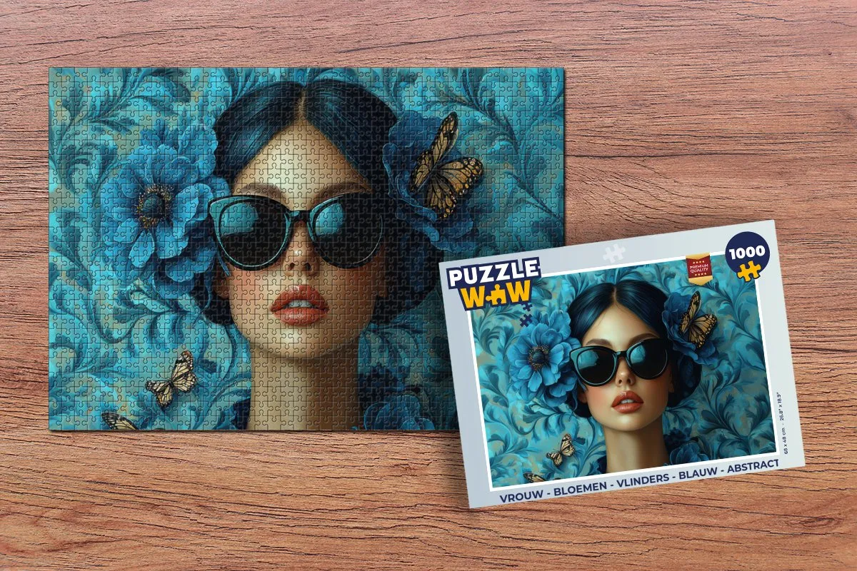 PuzzleWow Legpuzzel 1000 Stuks - Vrouw & Vlinders Blauw