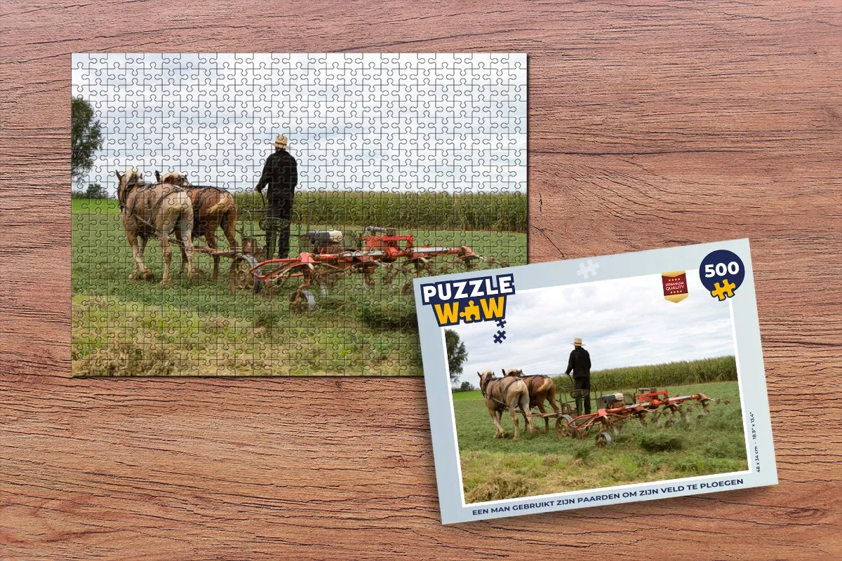 PuzzleWow Legpuzzel Een man gebruikt zijn paarden om zijn veld te ploegen - 500 Stukjes - Multicolor