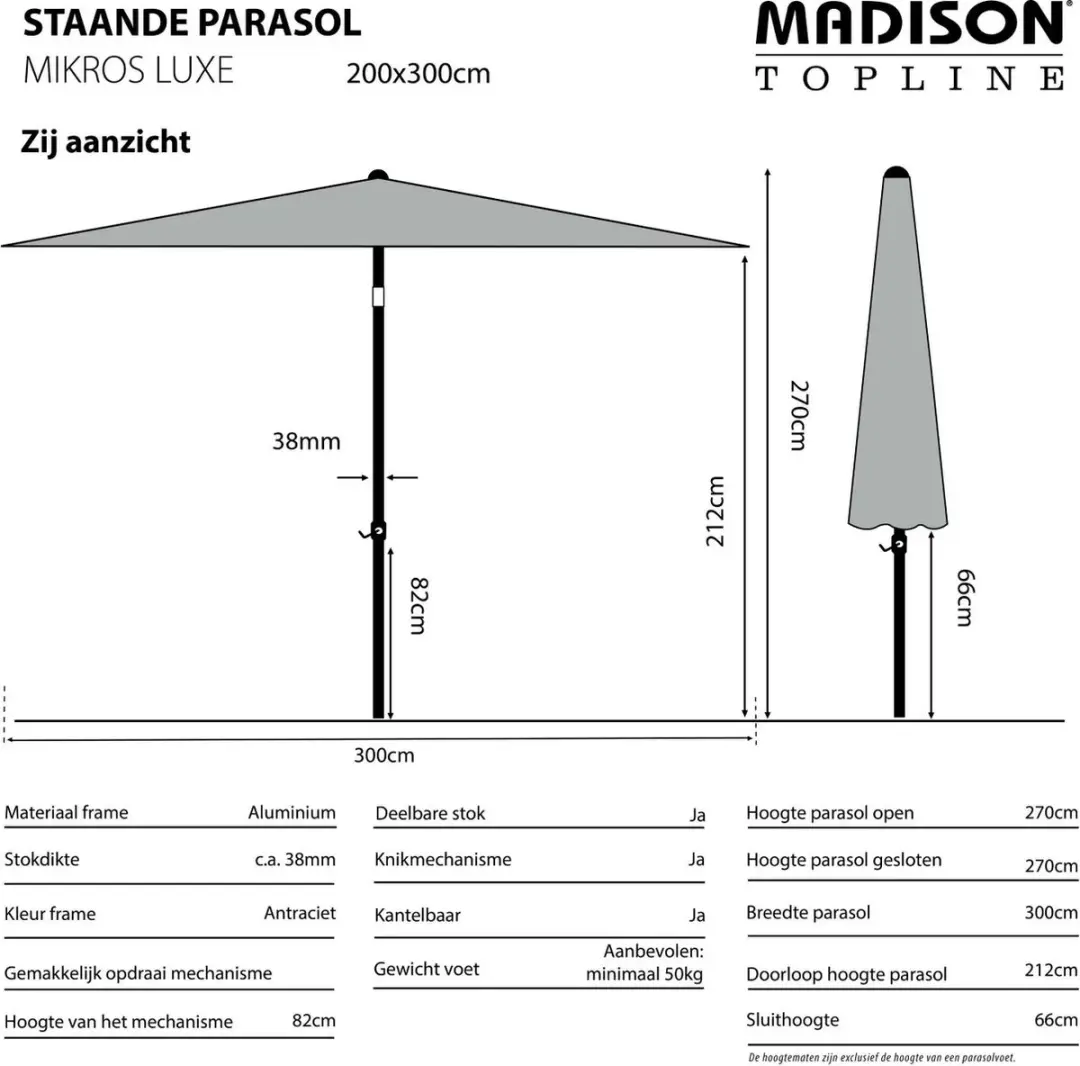 Madison Mikros Parasol 300x200cm - Grijs - afbeelding 3 van 4