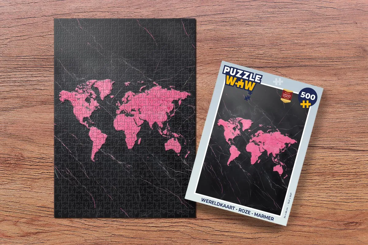 PuzzleWow Wereldkaart Legpuzzel 500 Stuks - Roze Marmer