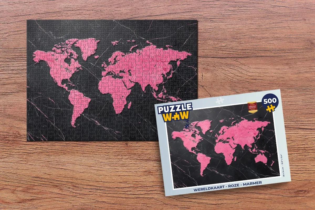 PuzzleWow Wereldkaart Legpuzzel 500 Stuks - Roze Marmer