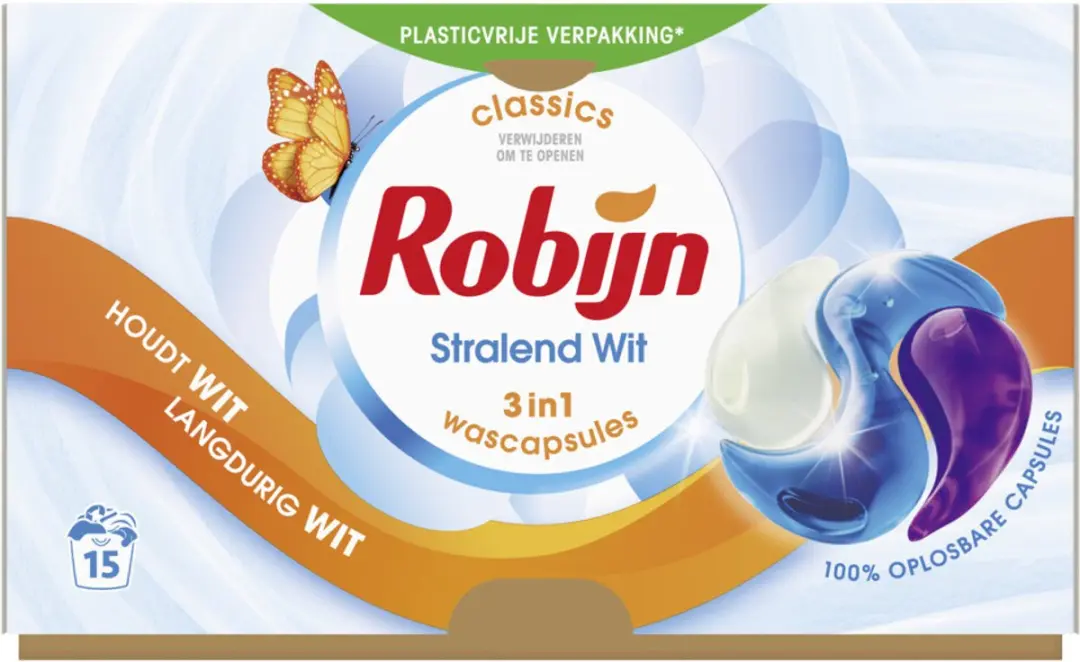 Robijn Wascapsules 3-in-1 Stralend Wit 15 Stuks