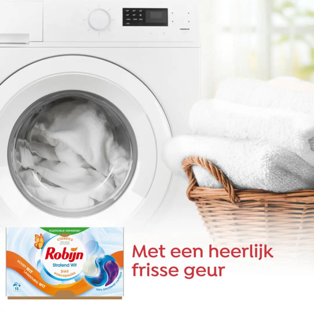 Robijn Wascapsules 3-in-1 Stralend Wit 15 Stuks - afbeelding 2 van 4