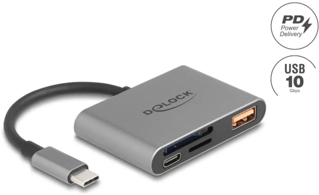 Delock USB-C™ Card Reader for SD and Micro SD memory cards + USB 10 Gbps Type-
