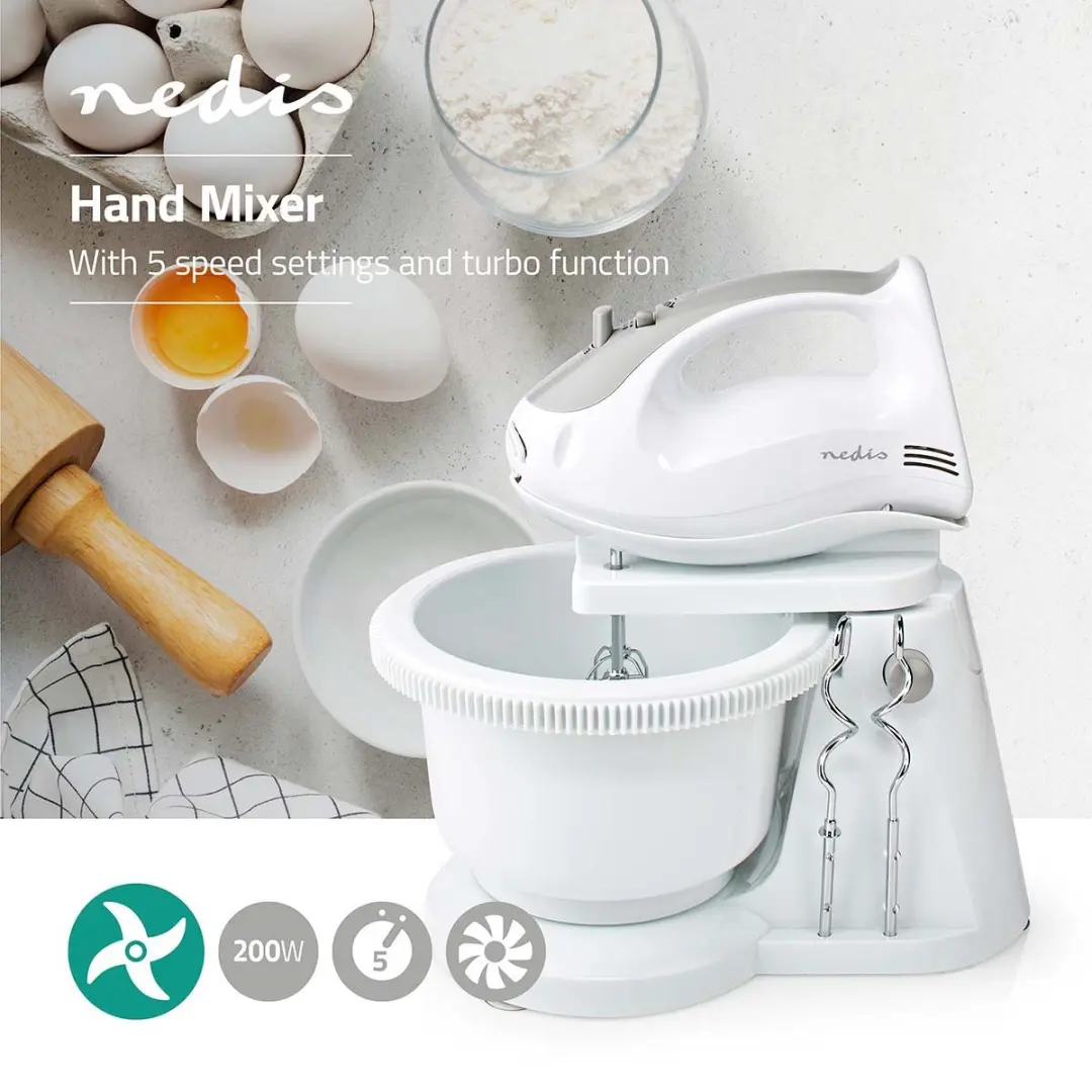 Nedis Handmixer 200W - 5 Snelheden - Grijs/Wit - afbeelding 3 van 6