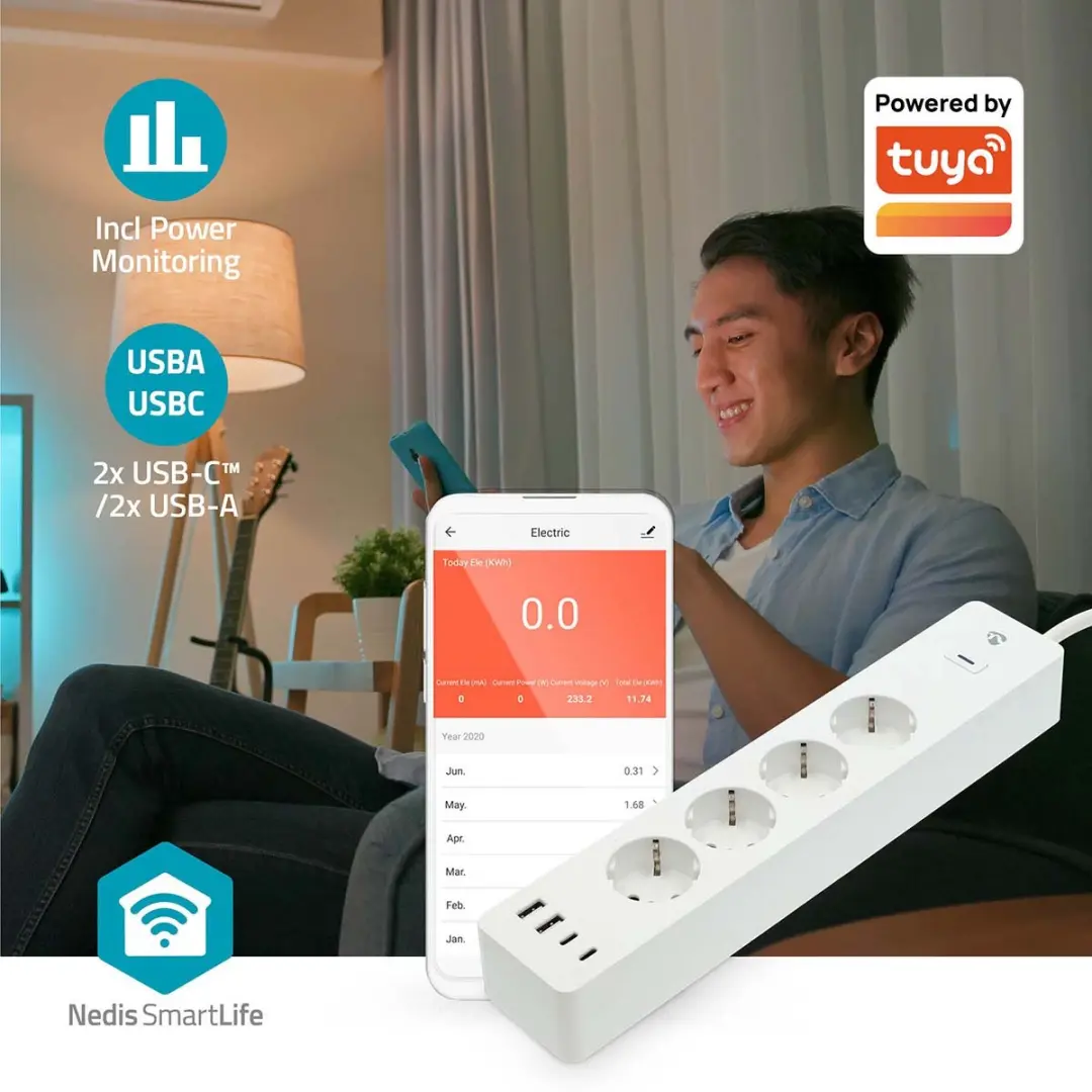 Nedis SmartLife WiFi Stekkerdoos 3680W - 4x USB - 2m - Wit - afbeelding 3 van 6