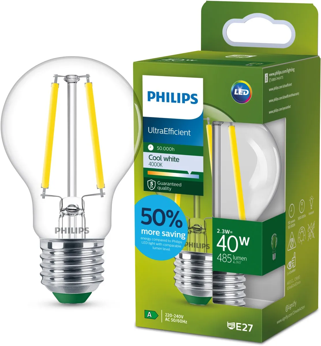 Philips UltraEfficient LED E27 2.3W Koelwit 4000K