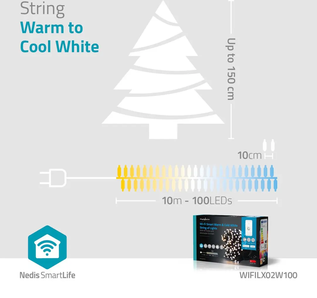 Nedis SmartLife Kerstverlichting Koord 100 LED 10m - Zwart - afbeelding 5 van 6