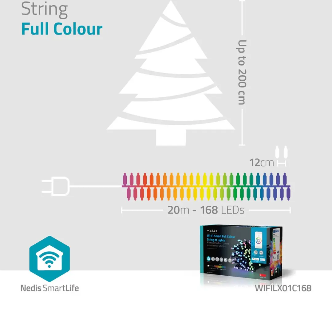 Nedis SmartLife Kerstverlichting Koord 168 RGB LED 20m - Zwart - afbeelding 5 van 6