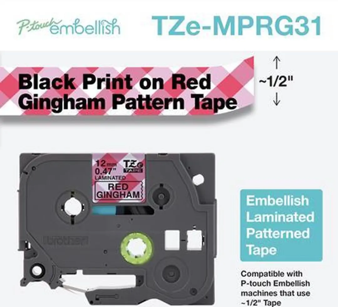 Brother TZe TZ TZe-MPRG31 Tape - Wit/Rood ruitmotief - 12mm x 4m - afbeelding 3 van 6