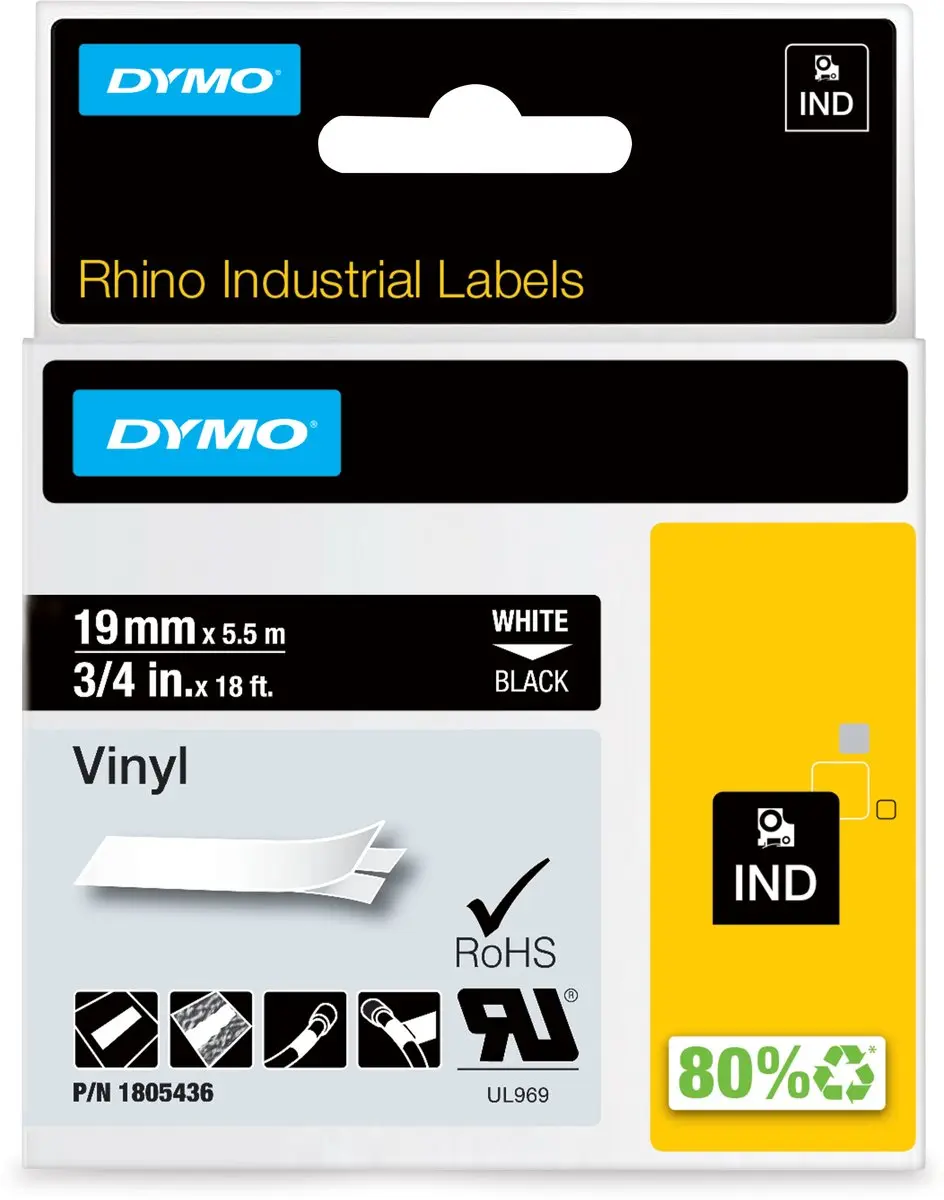 DYMO Rhino 1805436 Zelfklevende Labels 19mm x 5,5m - Wit op Zwart