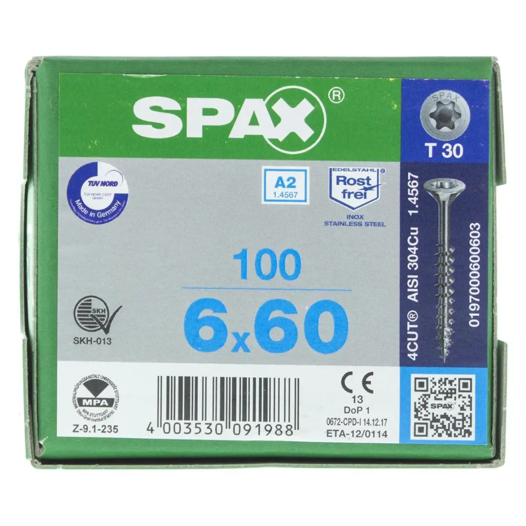 Spax Spaanplaatschroef RVS Torx 6.0 x 60mm - 100 Stuks - afbeelding 2 van 6