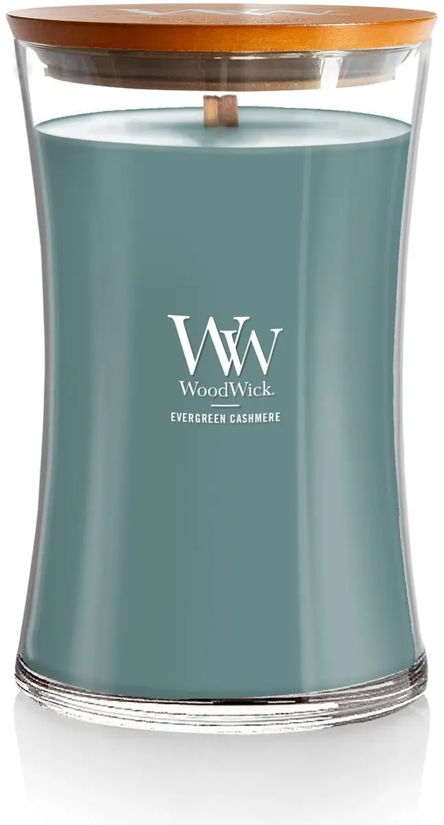 Woodwick Hourglass Geurkaars Evergreen Cashmere - 130 Branduren - Blauw - afbeelding 6 van 6