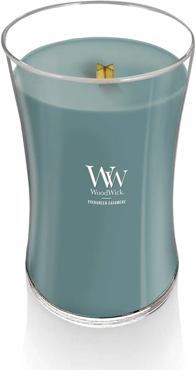 Woodwick Hourglass Geurkaars Evergreen Cashmere - 130 Branduren - Blauw - afbeelding 3 van 6