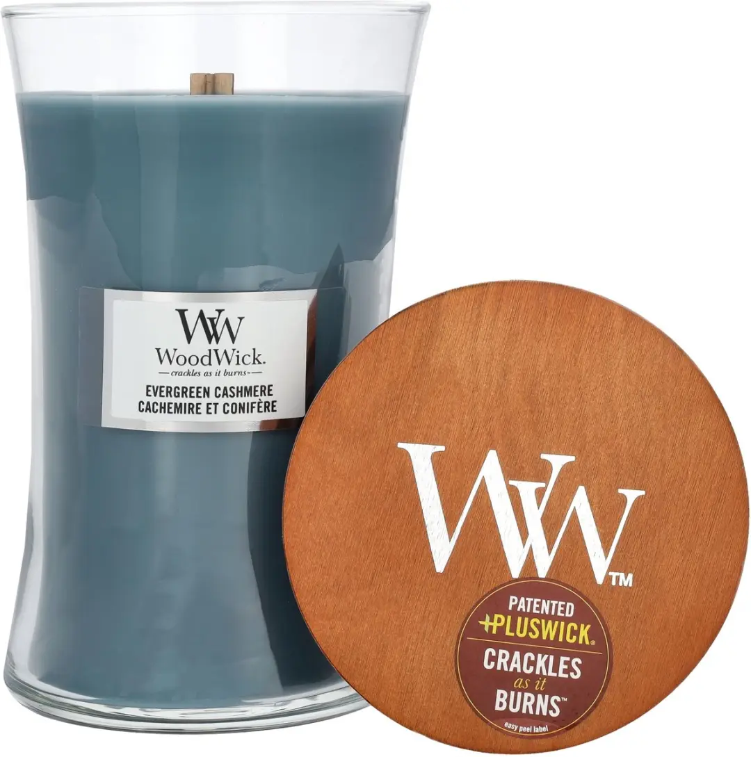 Woodwick Hourglass Geurkaars Evergreen Cashmere - 130 Branduren - Blauw - afbeelding 4 van 6