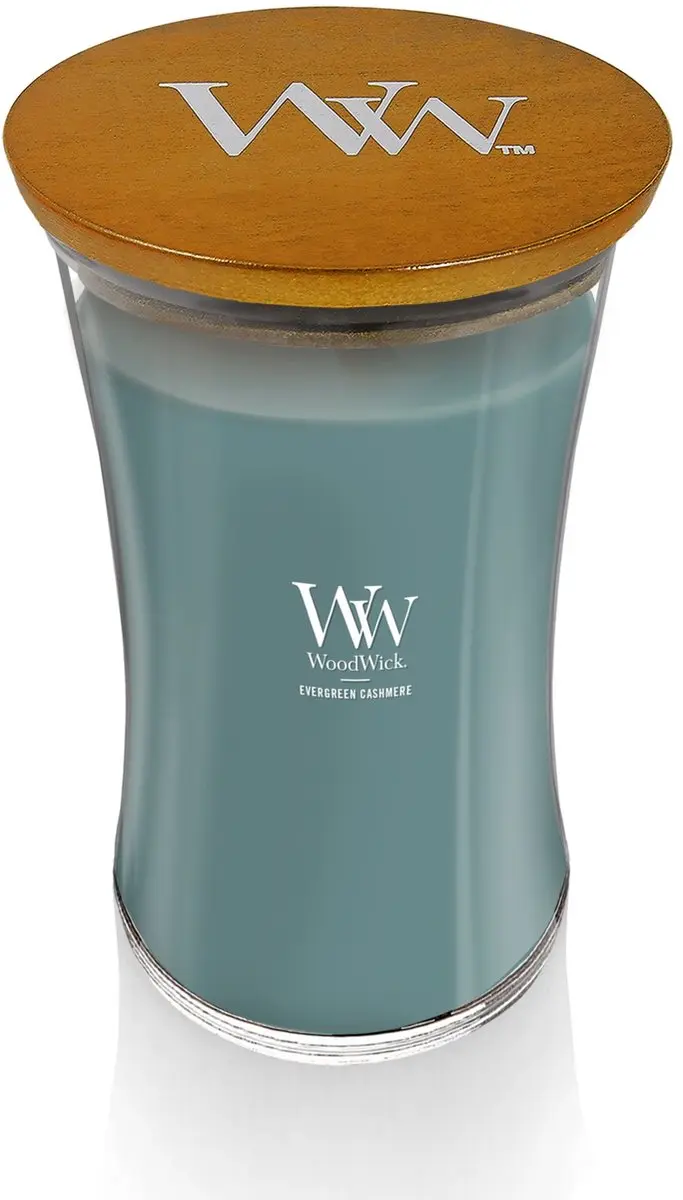 Woodwick Hourglass Geurkaars Evergreen Cashmere - 130 Branduren - Blauw - afbeelding 2 van 6