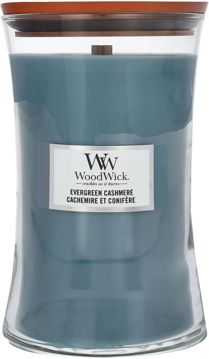 Woodwick Hourglass Geurkaars Evergreen Cashmere - 130 Branduren - Blauw - afbeelding 5 van 6