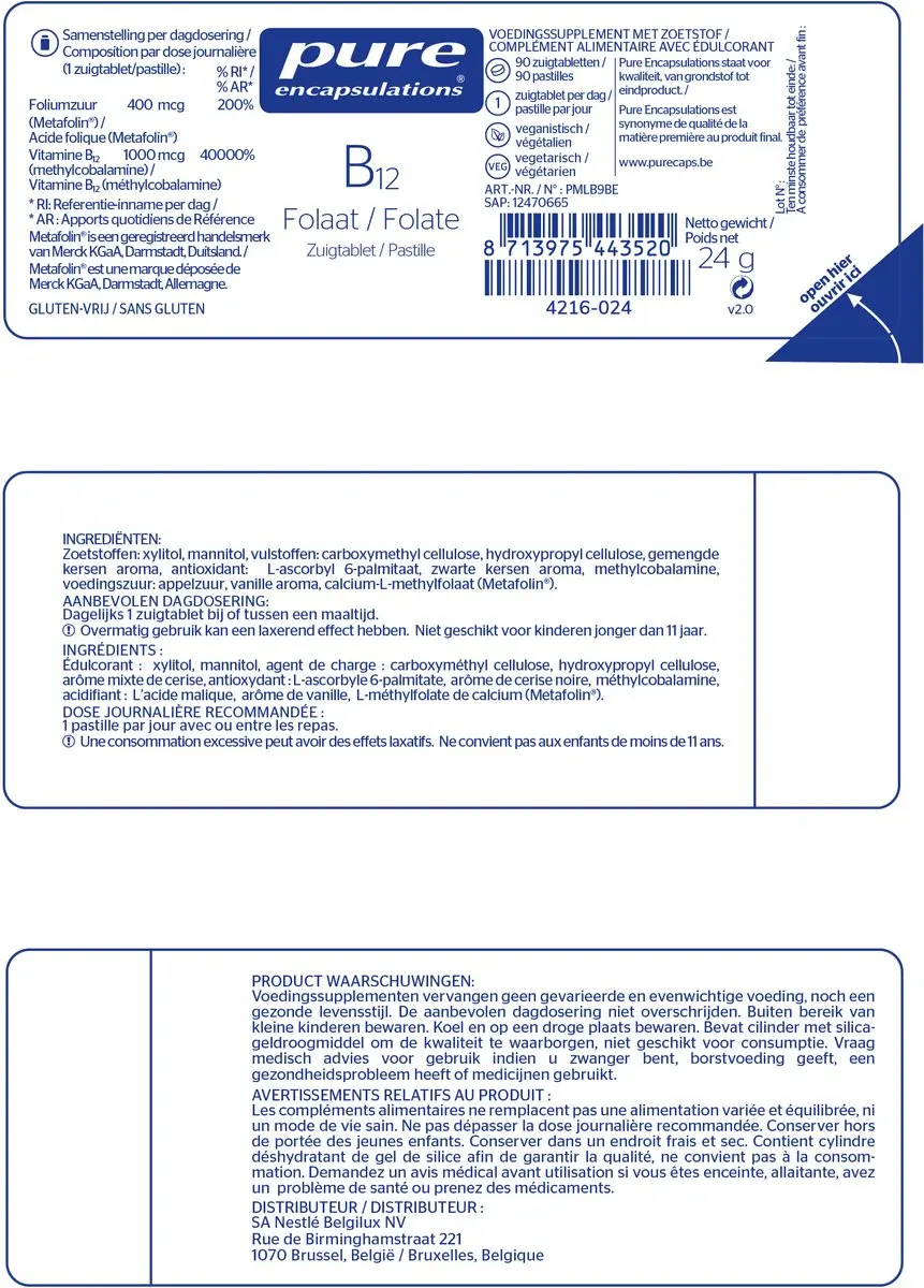 Pure Encapsulations Vitamine B12 Folaat Zuigtablet - 90 Stuks