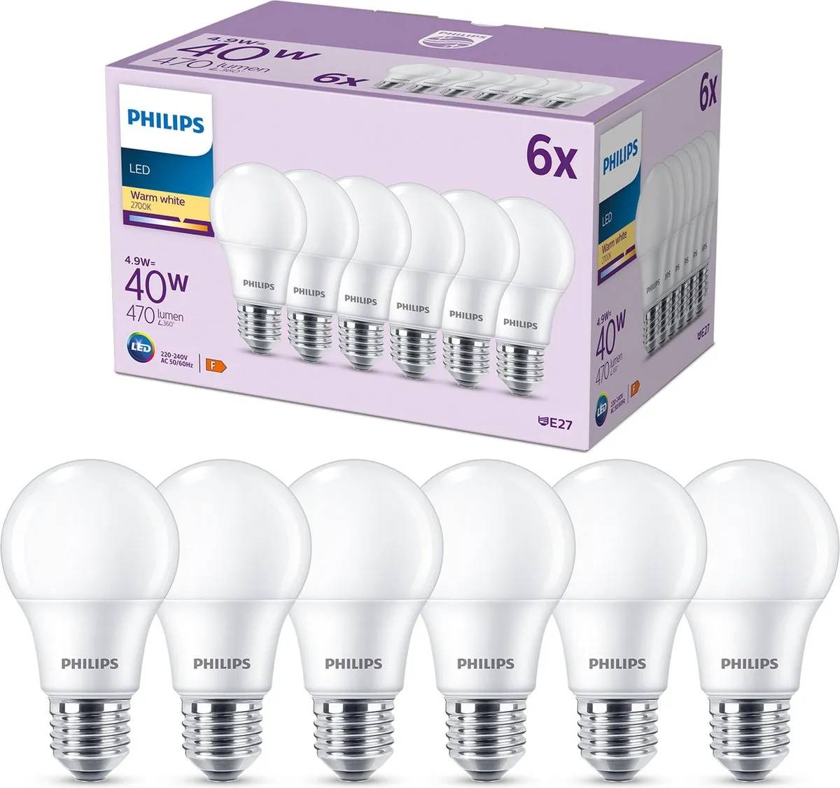 Philips LED Lamp E27 4.9W Warmwit - 6 Stuks