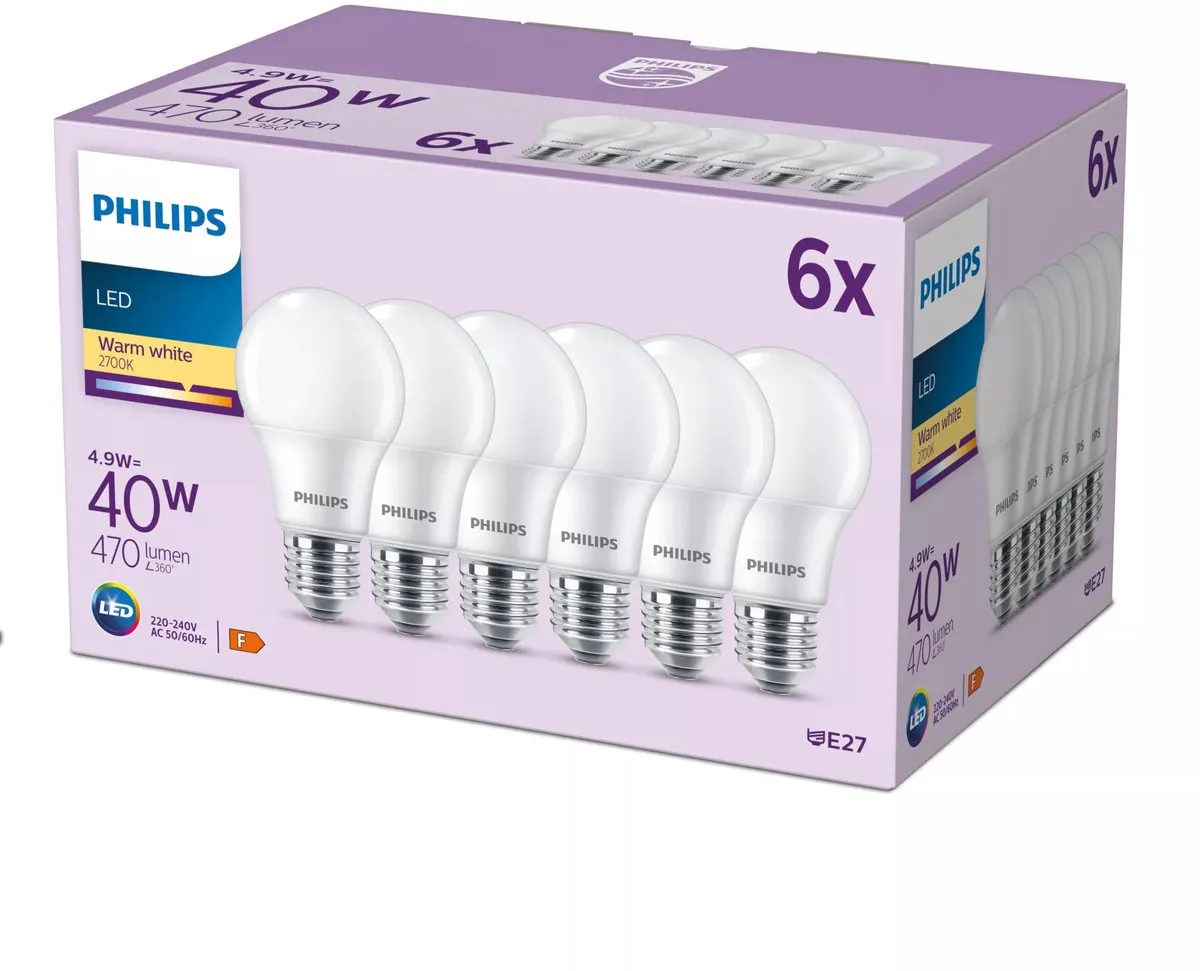 Philips LED Lamp E27 4.9W Warmwit - 6 Stuks