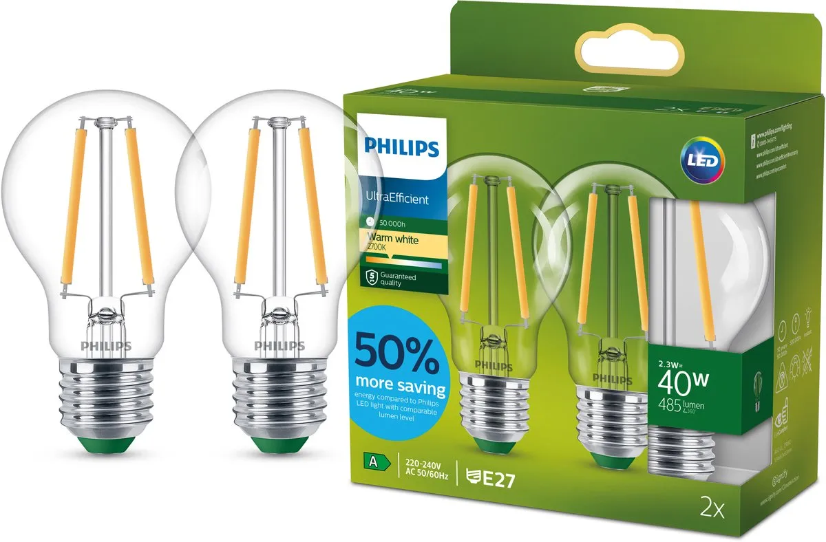 Philips LED Transparante Lamp 2.3W E27 Warmwit