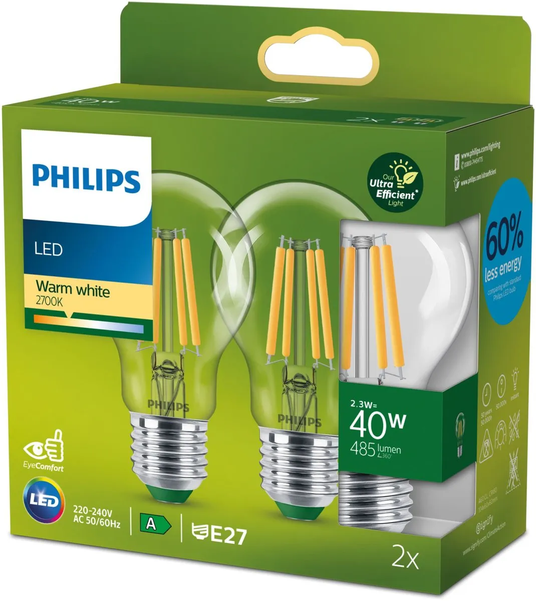 Philips LED Transparante Lamp 2.3W E27 Warmwit - 2 Stuks