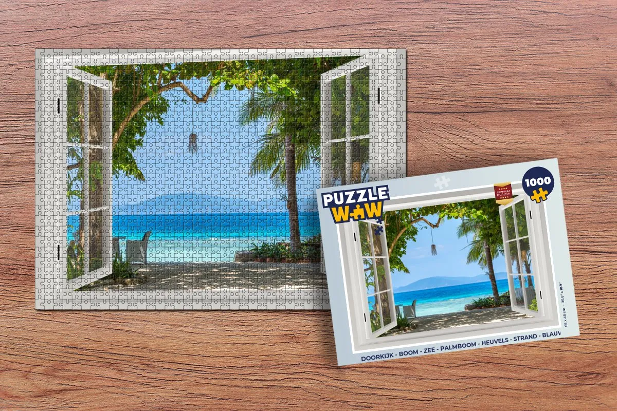 PuzzleWow Boom Zee Palmboom Heuvels Strand Legpuzzel 1000 Stuks - Multicolor