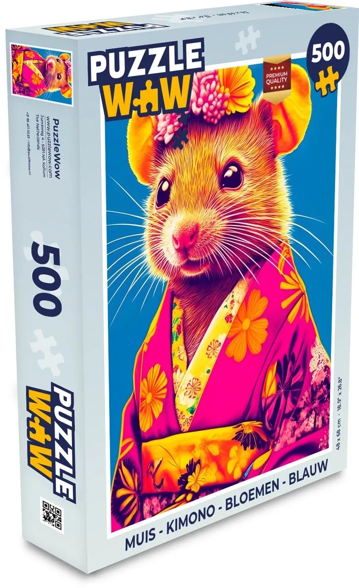 PuzzleWow Kimono Bloemen Legpuzzel 500 Stuks - Blauw Muis