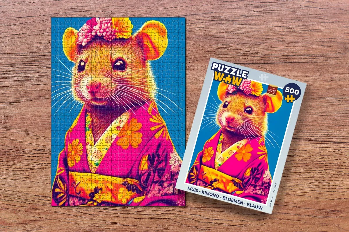 PuzzleWow Kimono Bloemen Legpuzzel 500 Stuks - Blauw Muis