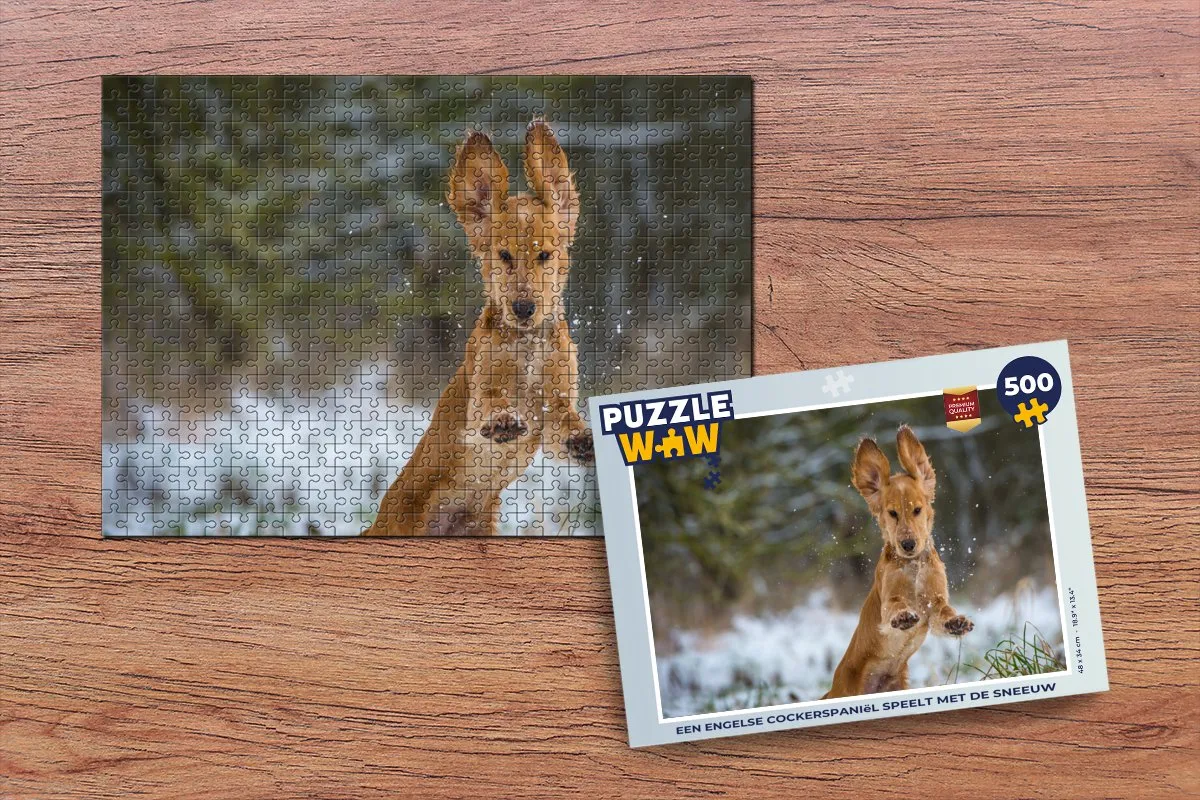 PuzzleWow Legpuzzel Een Engelse Cockerspaniël in de Sneeuw