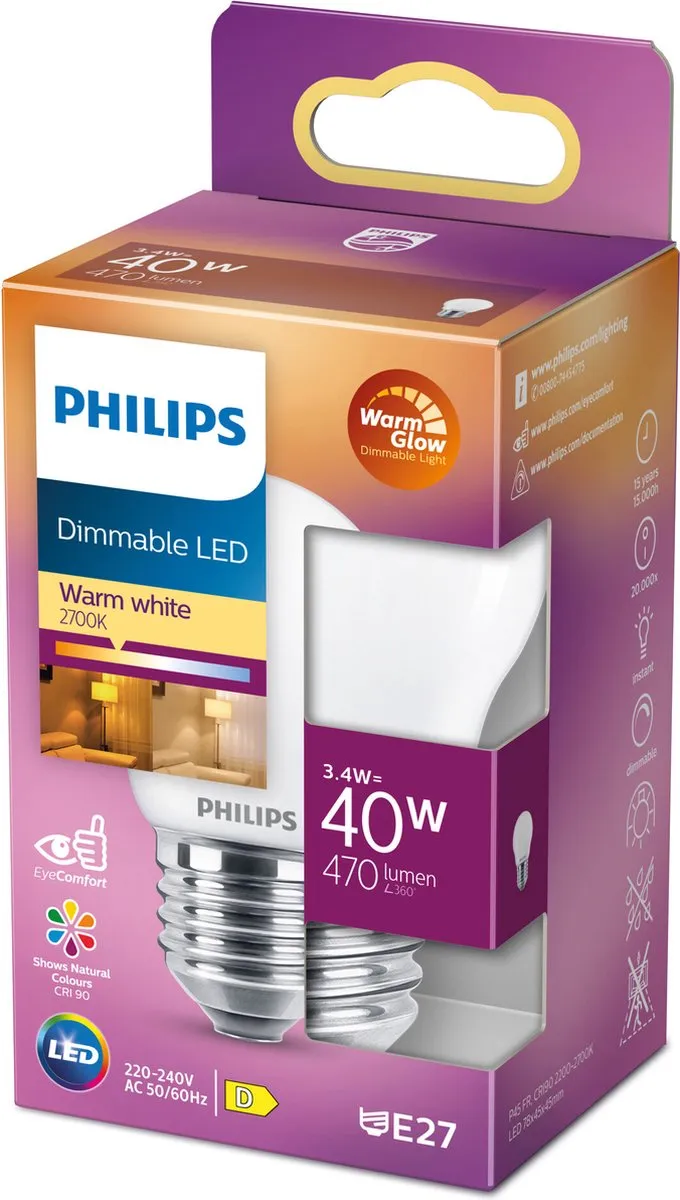 Philips LED Kogellamp E27 40W - Mat - Warmwit