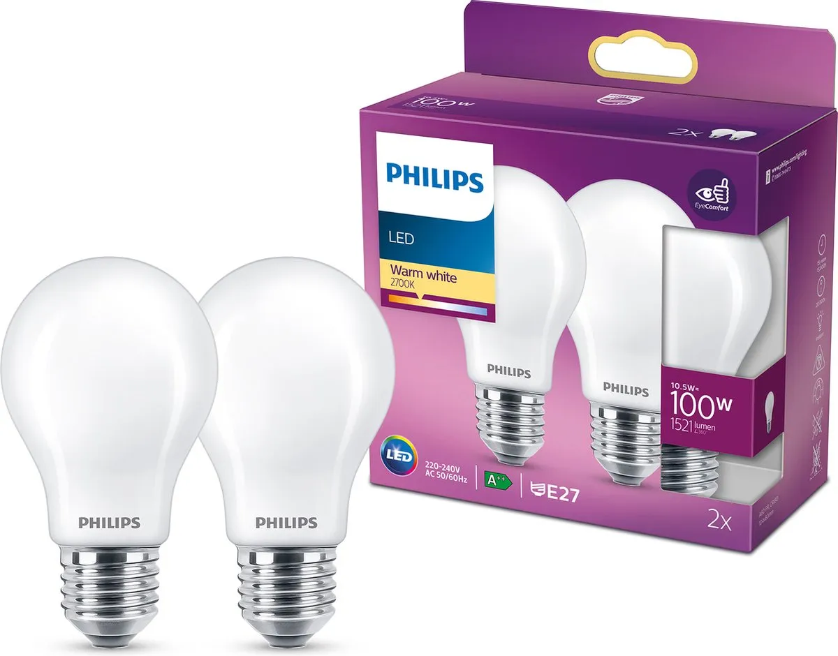 Philips LED Lamp Mat E27 10.5W Warmwit - 2 Stuks