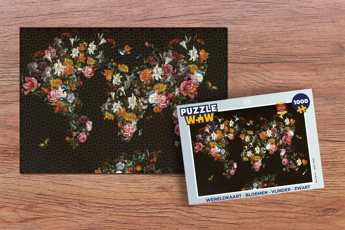 PuzzleWow Wereldkaart Bloemen Vlinder Legpuzzel 1000 Stuks - Multicolor